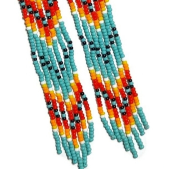 Long 5" Turquoise Blue Red Beaded Fringe Earrings Native American Tassel New - Picture 2 of 4